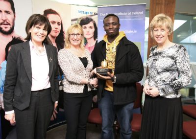 At the Sales Institute of Ireland Business Breakfast at KBC Bank. Eleanor O'Kelly Lynch SII  presenting the Golden Apple  Award for the Best Sales Presentaion at the Cork College of Commerce to Student Kesline Ugbodu also in picture, L to R., Ber Browne, Vice Chairperson SII and Helen Ryan, Principal Cork College of Commerce. Picture, Tony O'Connell Photography.